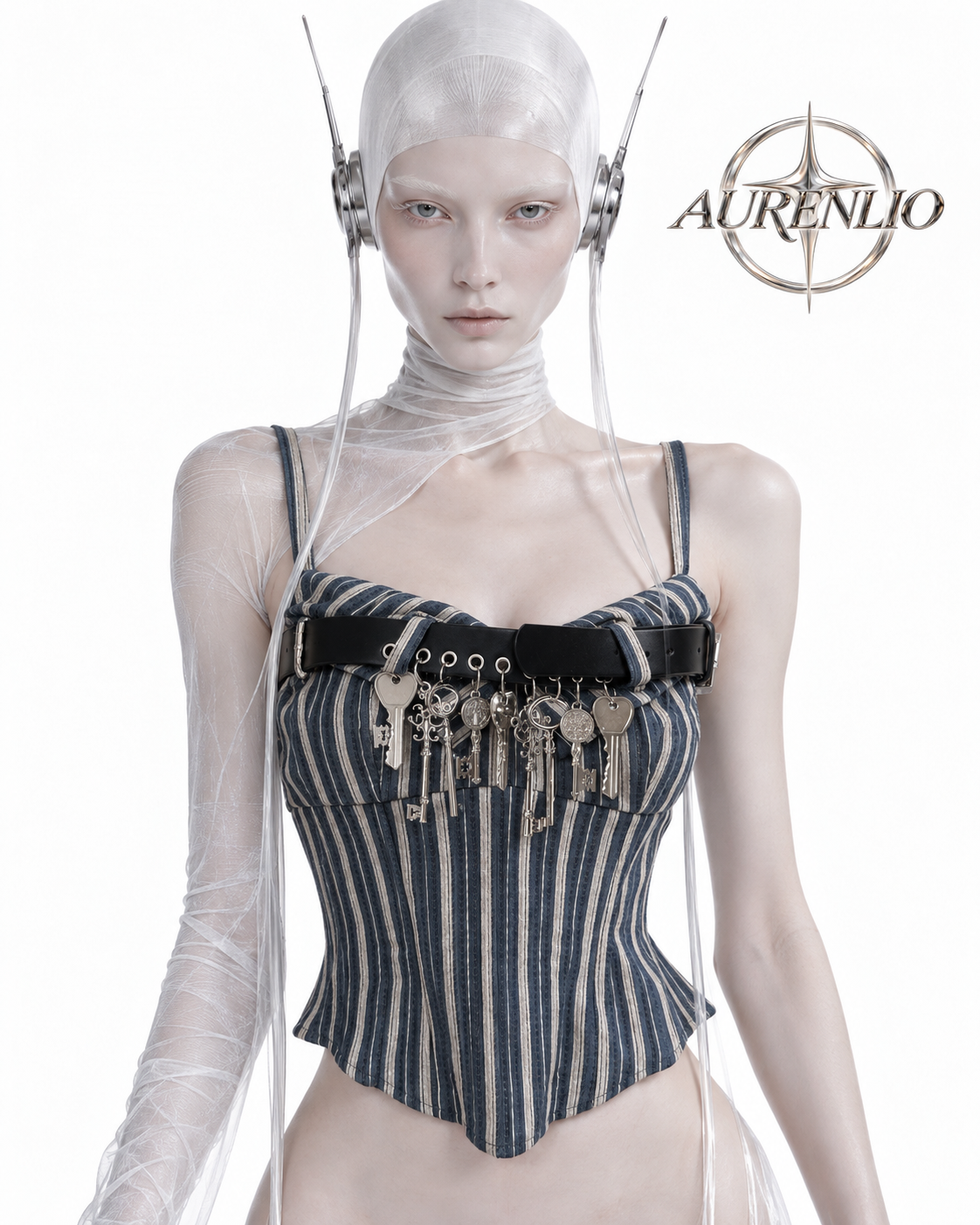 STRIÉ — Reworked Striped Shirt Corset with Key Charm Belt