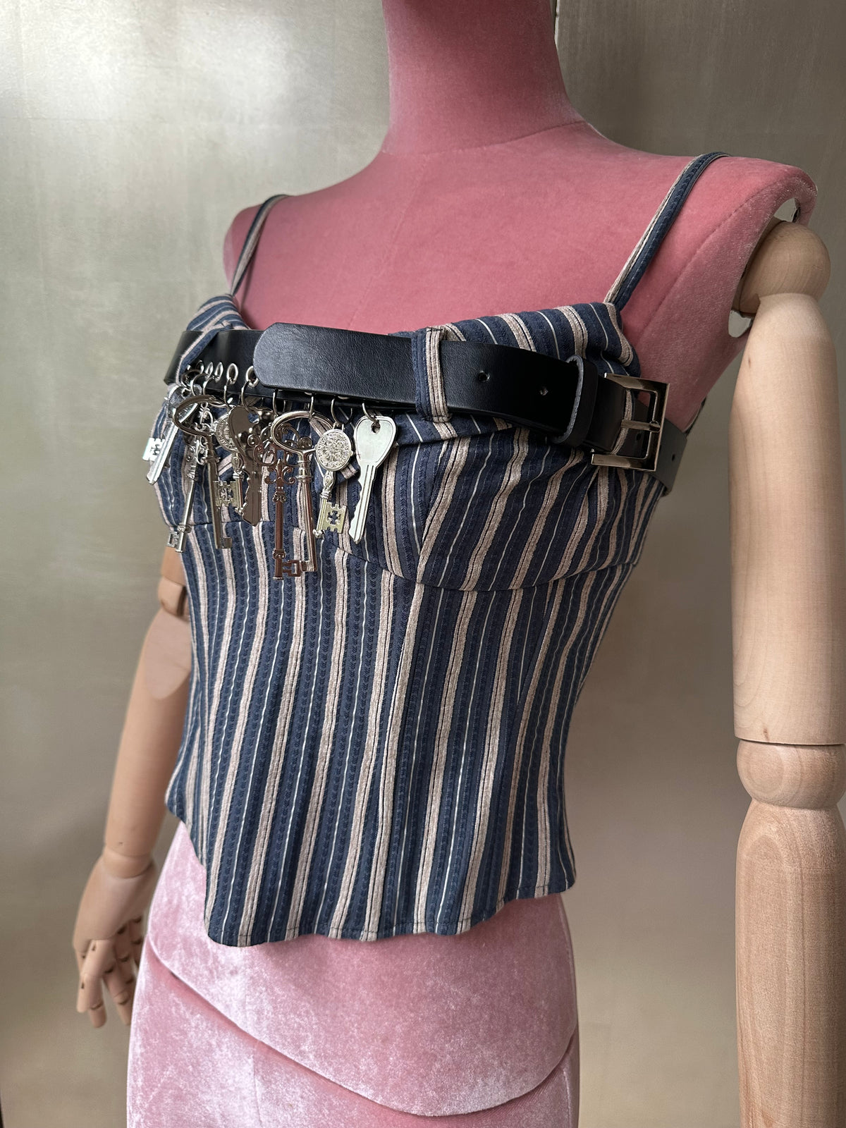 STRIÉ — Reworked Striped Shirt Corset with Key Charm Belt