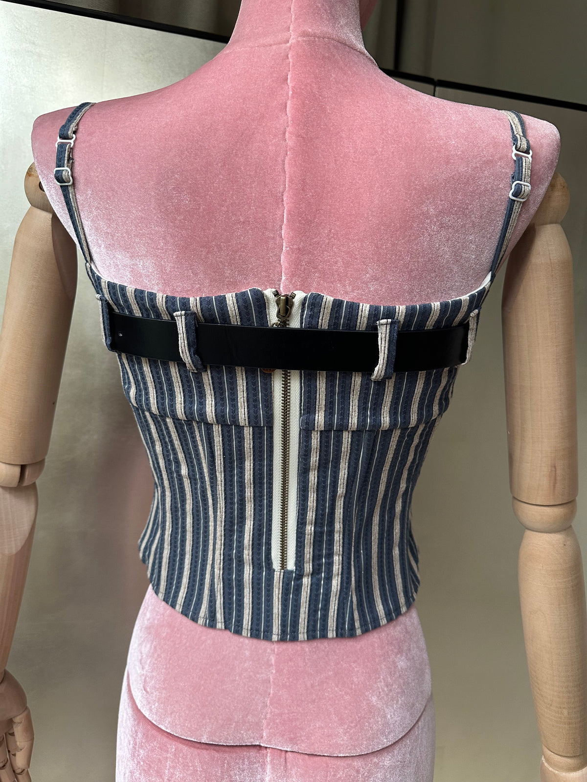 STRIÉ — Reworked Striped Shirt Corset with Key Charm Belt