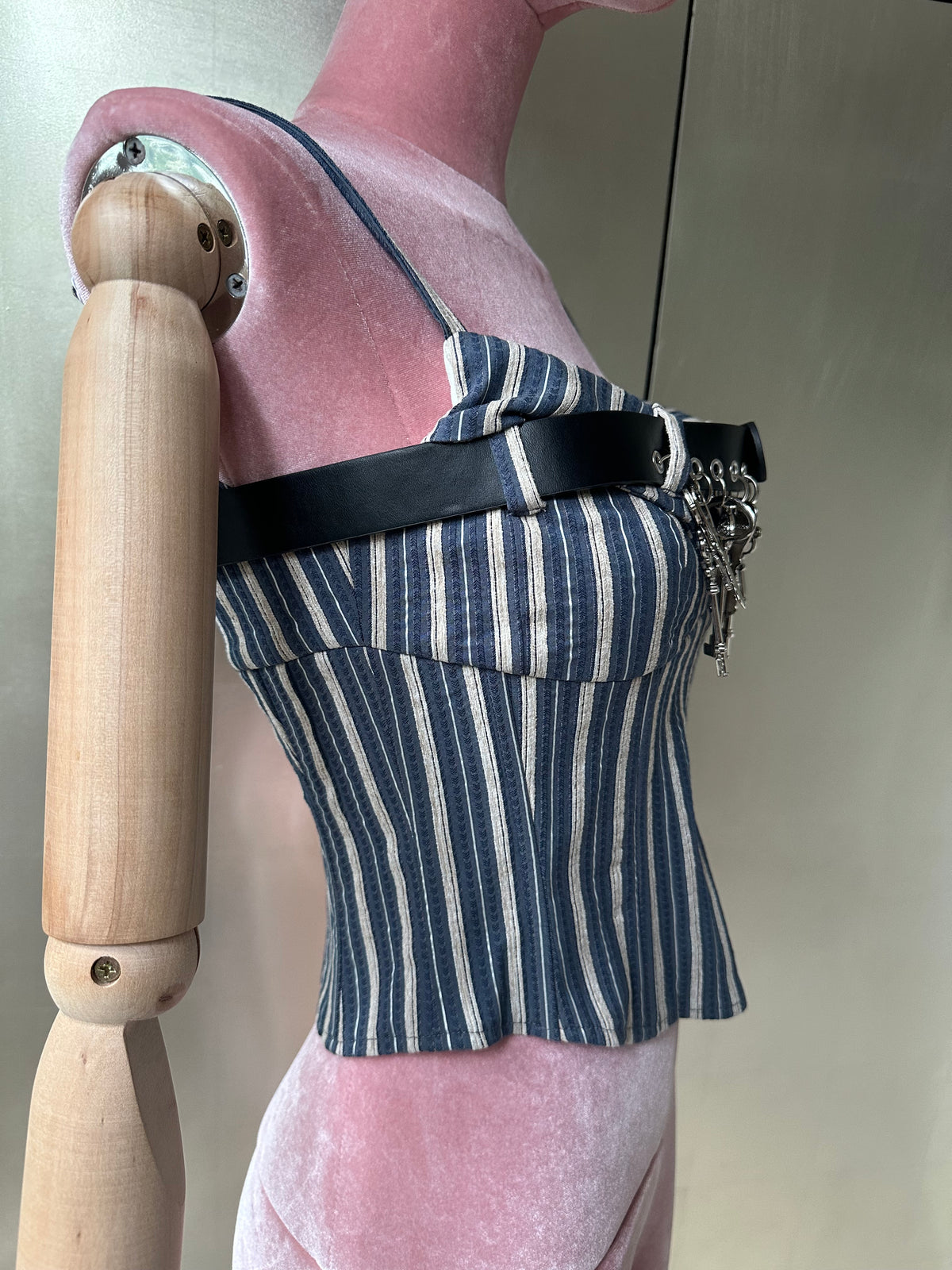 STRIÉ — Reworked Striped Shirt Corset with Key Charm Belt
