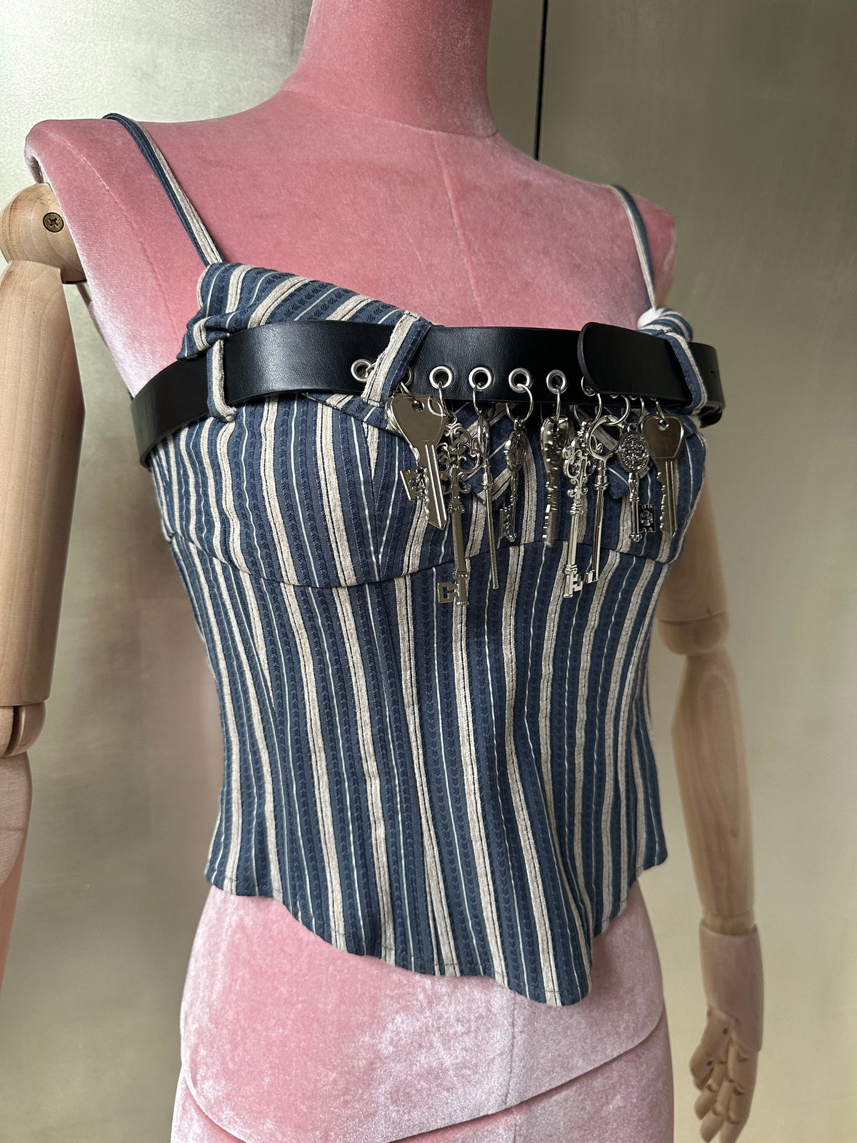 STRIÉ — Reworked Striped Shirt Corset with Key Charm Belt